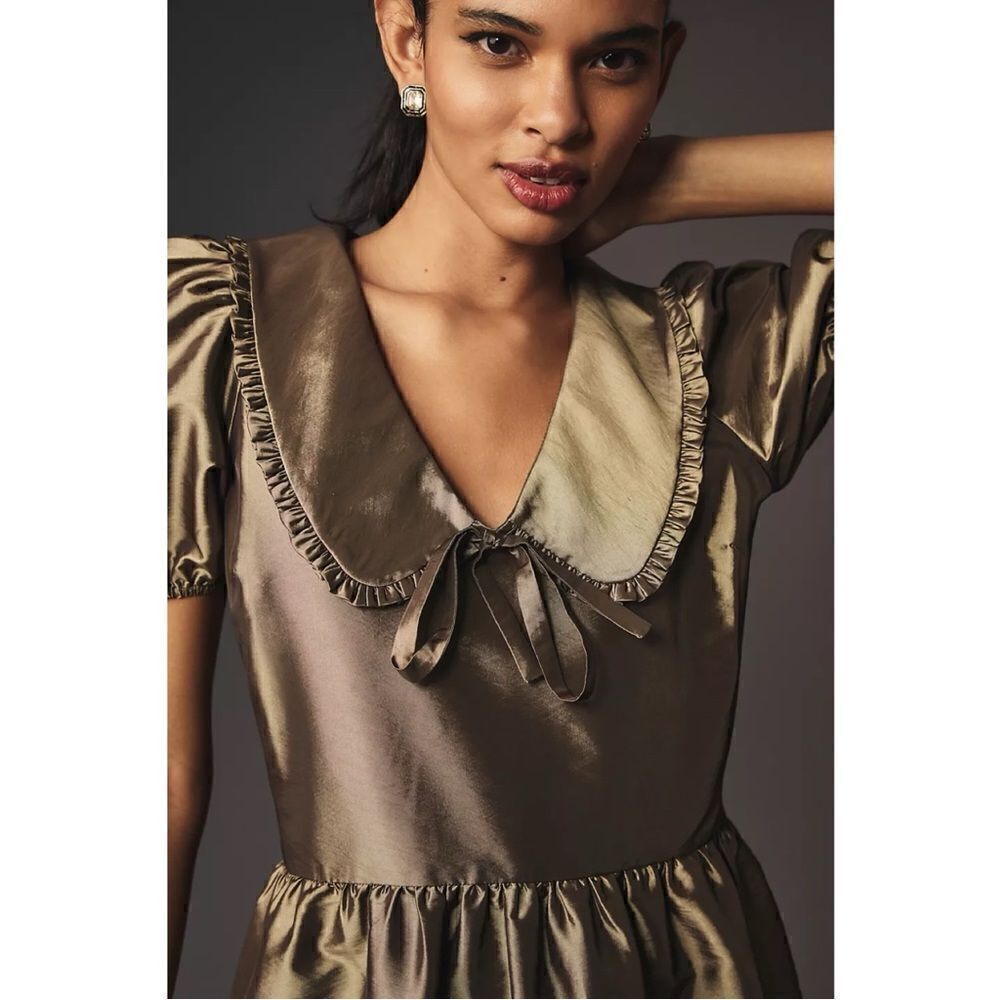 NEW Anthropologie Porridge Olive Short-Sleeve Collared Taffetta Mini Dress Large - Picture 2 of 7